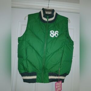 NWT Victorias Secret Pink Vintage Green White Down Paint Puffer Vest Knit M/L